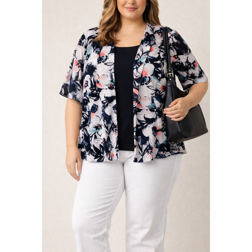 Lane Bryant Floral Open Front Jacket Womens 22 24 Short Sleeve